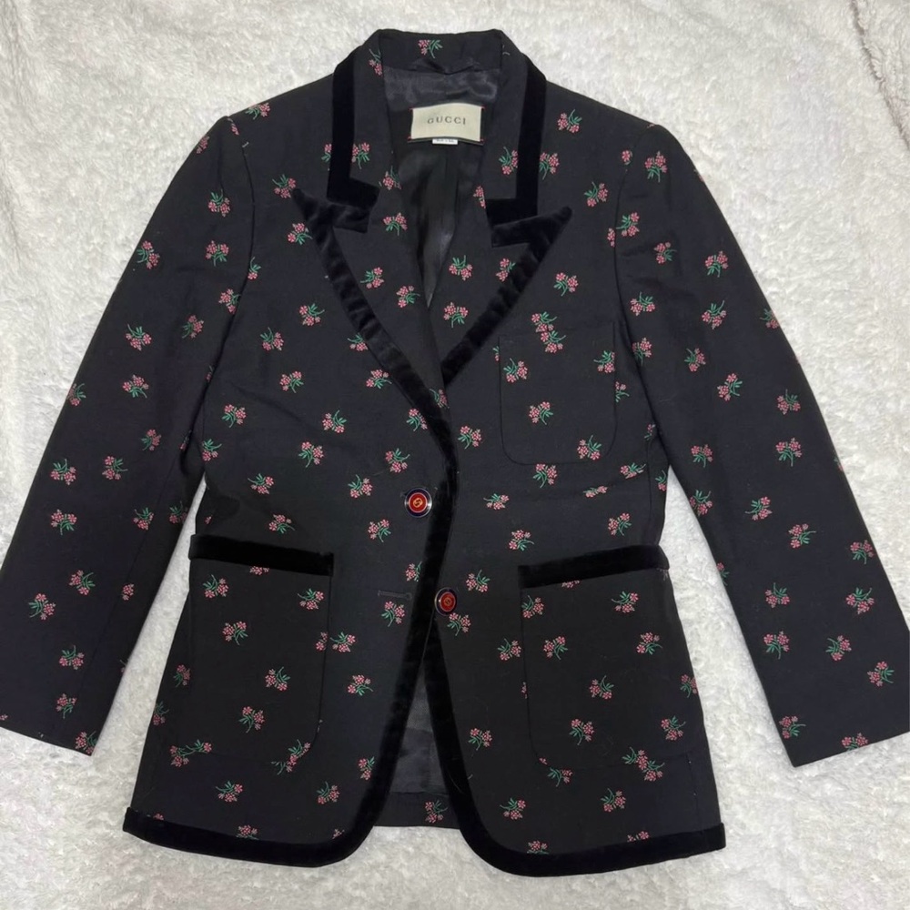 Gucci Black Blazer with Pink Floral Print and Velvet Trim